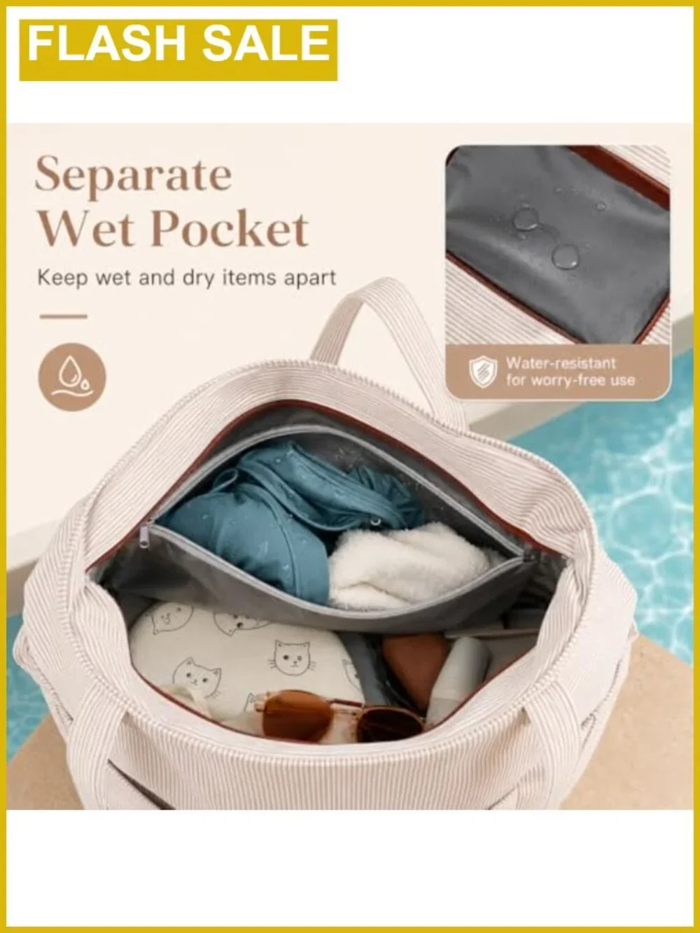 Large Waterproof Beach Tote Bag with Wet Compartment
